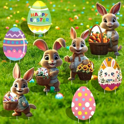 Sifxouped 8pcs Osterdeko für Draußen,Gartendeko Osterhasen, Ostereier Stakes,Osterhase Gartenstecker wetterfest für Garten-Rasen-Yard-Dekoration, frühlingsdeko (4 Kaninchen+4 Eier)