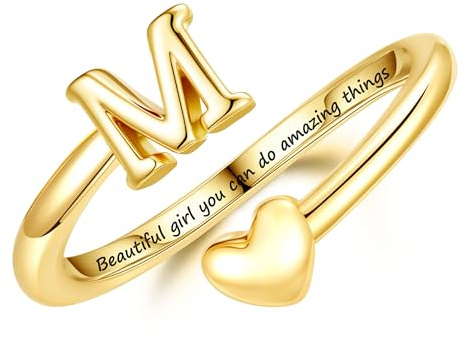Turandoss Buchstaben Herz Ringe für Teenager Mädchen Kinder Geschenke | 14K Vergoldet Verstellbare Ring mit Buchstaben, Hypoallergen Ringe Gold Schmuck, Geburtstagsgeschenk für Mädchen Kinder
