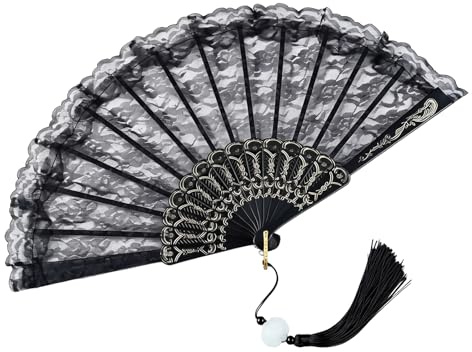 Daxiangsheng Black Lace Folding Fan with Pendant for Women Cosplay, 9.84in | Made from Lightweight Materials, Comes with A Charming Pendant, A Lovely Present for Dancers Cosplayers