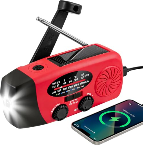 Wind Up Solar Radio, Emergency Hand Crank AM/FM/SW Radio with LED Flashlight, SOS Alarm, 2000mAh Rechargeable Power Bank USB Phone Charger for Camping Hiking Outdoor Survival, Red