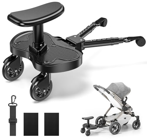 Planche Poussette Universelle, Siège Large avec Marche Pied, Charge 25kg | Compatible 99% des poussettes, hauteur/largeur/longueur réglables, roues 360°, antidérapant, 2-6 ans
