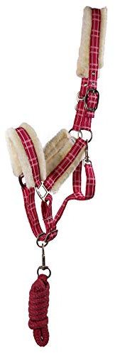 QHP Luxus Halfter-Set kariert mit Kunstfell Halfter + Strick Nylon mit Tasche (Pony, Hot Pink)