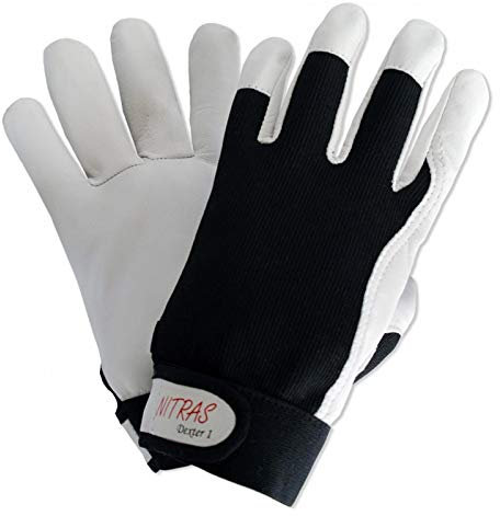 Nitras 60 Paar Dexter 1 Mechanikerhandschuhe 8905 - Nappaleder - schwarz-weiß, ungefüttert, atmungsaktiv, mit Klettverschluss, Größe:9