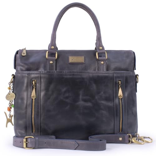 Catwalk Collection Handbags - Grand Cabas Femme Cuir Vintage - Sac de Travail/Sac Porté Épaule Avec Bandoulière - Sacoche Ordinateur - Adele - Bleu