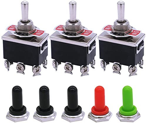 mxuteuk 3 pezzi Heavy Duty Interruttore a bilanciere momentaneo 16A 250V 20A 125V DTDT (ON)/OFF/(ON) 6 Terminale 3 posizioni + 5 pezzi Coperchio manopola in metallo impermeabile Ten-223-B223-5MZ