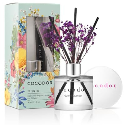 COCODOR/Garden Lavender] Mini Flower Reed Diffusers Oil with Preserved Flower, 50ml, Best for Home, Kitchen, Bathroom. Diffusers with sticks.