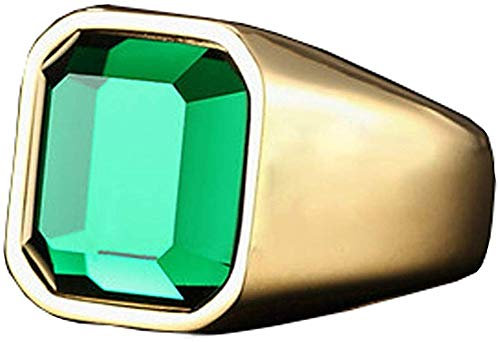 HIJONES Herren Einfach Poliert Grün Edelstein Ring aus Edelstahl mit Zirkonia Quadrat Matt Gebürstet Gold Größe 62