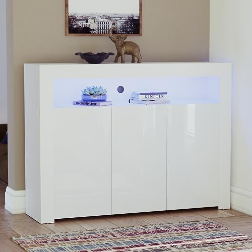 Vida Designs Nova 3 Door Modern LED Sideboard in White, RGB Lights (Fade/Strobe Options Included), High Gloss