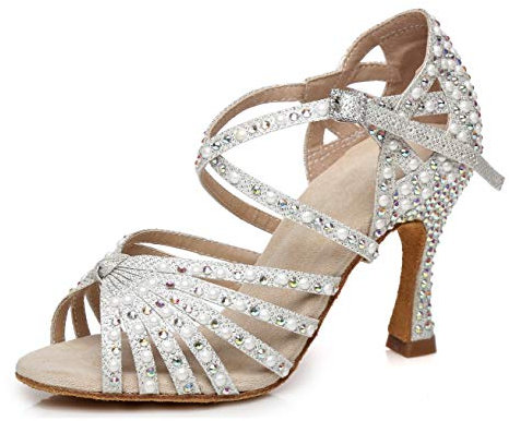 MINITOO Damen Tanzen Schuhe Tanzschuhe Latein Salsa Glitzer Sandalen L429 Weib Silber EU 39