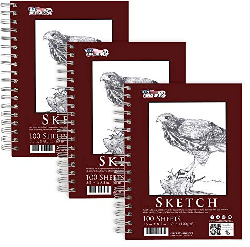 U.S. Art Supply 5.5x8.5 Sketch Book Pad, 3 Pack (100 Sheets Each), 60lb (100gsm) Spiral Bound - Sketching, Drawing Pad, Acid-Free Paper - Sketch Pads for Adults, Students: Colored Pencils, Charcoal