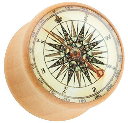 Taffstyle Ohr Plug Flesh Tunnel Piercing Ohrpiercing Holz Braun mit Antik Kompass 10mm