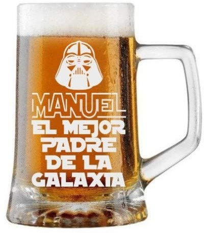 Jarra de Cerveza Personalizada Día del Padre, MEJOR PADRE DE LA GALAXIA Regalo Grabado y Personalizado para Hombre o Mujer Obsequio para Celebraciones, Cumpleaños, Aniversarios, Día del Padre