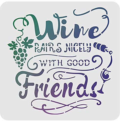 FINGERINSPIRE Wein-Paar Schablone Nicely with Good Friends, 30 x 30 cm, Kunststoff, Weintrauben, Zeichnen, Malschablonen, quadratisch, wiederverwendbar, für Malerei und DIY-Projekte
