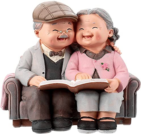 HOWADE Loving Elderly Couple Figurines, Love Lasts Resin Figurine, Grandparents Couples Life Decorative Statue Ornaments for Wedding Anniversary Home Birthday (Reading Style), Multicolor
