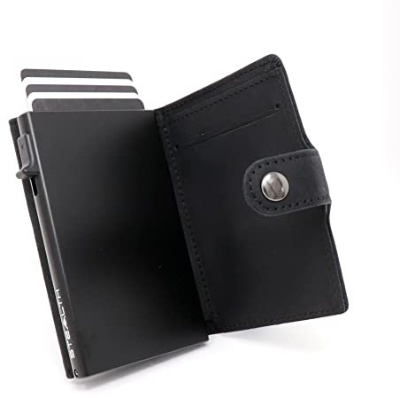 Stealth Wallet - Porte-Cartes Minimaliste - Portefeuilles Pop-up avec Blocage RFID/NFC - Porte-Cartes de Crédit Léger avec Rangement pour Les Espèces (Noir Aluminium avec Cuir de Cheval Fou Noir)