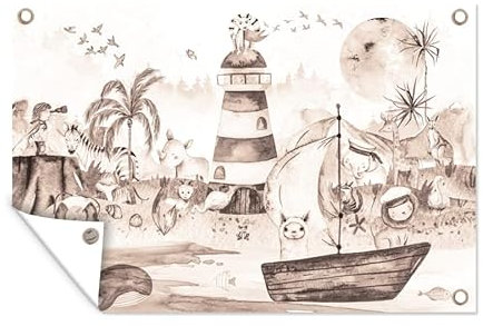 MuchoWow Outdoor-Poster Poster Wanddeko draußen Deko Garten Gartenposter 90x60 cm Strand - Kinder - Leuchtturm - Alpaka - Meer - Tiere