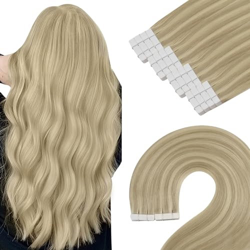 YoungSee Echthaar Extensions Tape Blond 45cm Tape Extensions Echthaar Goldblond Strahnchen Blond Tape in Extensions Seamless Tape Extensions Remy Haarverlangerung Tape fur Damen 50g 20pcs #16/22