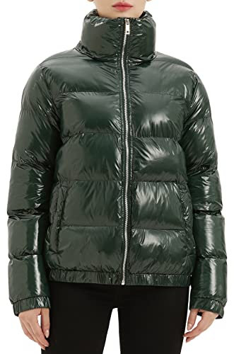 CRISSREXO Damen Metallic Glänzend Puffer Jacke Gesteppt Winter Warm Reißverschluss Stehkragen Casual Gepolstert Kurz Bubble Coat, Grün , L