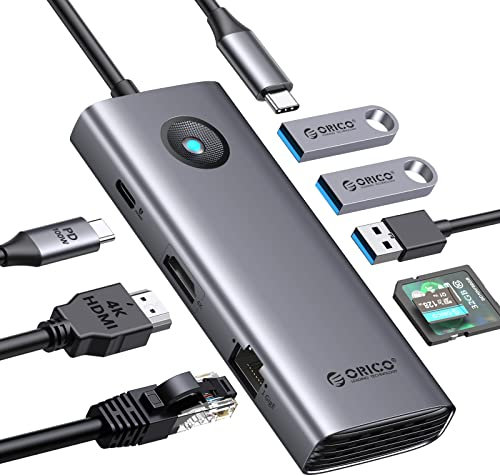 USB C Docking Station, ORICO 8 in 1 USB 3.0 Hub con HDMI 4K+PD100W+3*USB3.0+Ethernet+SD/TF, USB C Hub Multiport Adattatore per MacBook/Dell/HP/Surface/Lenovo, Grigio