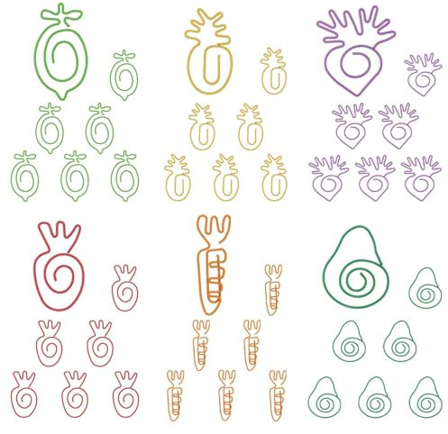 OWLFAVO Verschiedene Obst- und Gemüseformen, 30 Stück Büroklammern mit transparenter Box, 6 Farben, lustige niedliche Büroklammern, Lesezeichen, Geschenke, Hochzeitsdekoration