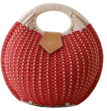 HINGTAT Sac en rotin rond de style bohème - Fait à la main - Pour femme - Tendance - Sac de plage d'été - Sac à bandoulière en rotin classique - Sac en paille chic, Rouge