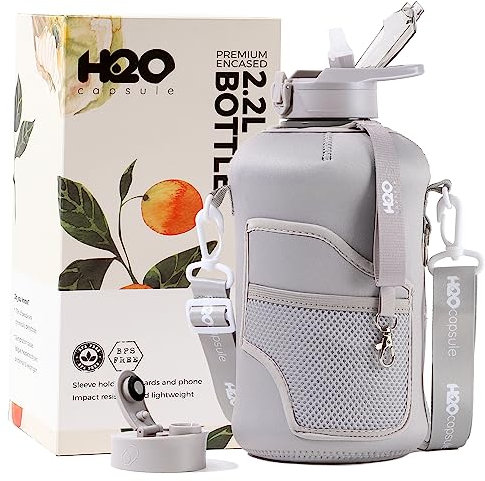 H2O Capsule 2.2L Half Gallon Wasserflasche mit Aufbewahrungshülse und abnehmbarem Strohhalm,BPA-frei, großer wiederverwendbarer Getränkebehälter mit Griff,Big Sports Jug, 2.2 Liter (8 oz), Ashville