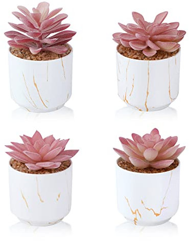 ZENIDA Künstliche Pflanzen im Keramik Topf, 4 Stück Kunstpflanze Sukkulenten, unechte Zimmerpflanzen, Schlafzimmer Deko, Dekopflanzen fürs Schlafzimmer Wohnzimmer Zimmer Deko, Weiß Töpfe, Weiß