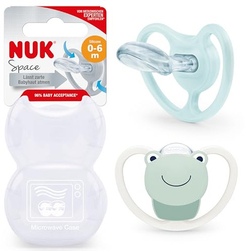 NUK Space Baby Schnuller | 0-6 Monate | Schnuller mit extra Belüftung für empfindliche Haut | BPA-freies Silikon | Frosch | 2 Stück