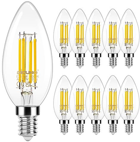 DiCUNO E14 LED Kerze 4W, Neutralweiß 4000K, Kerzenlampe für Kronleuchter, Ersatz 40W Halogen, Classic Glühfaden C35, 550LM Klarglas, Filament, Antike Vintage, 360°Winkel, nicht dimmbar, 10er Pack