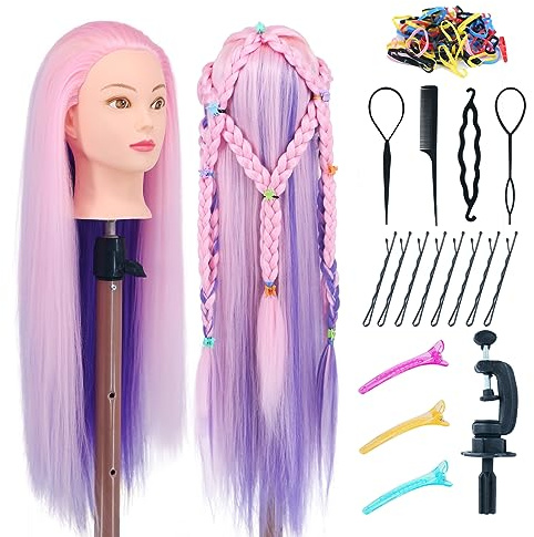 Eumos Cosmetology Mannequin Head With Hair 29 Doll Head For Hair Styling | 100% Synthetic Fiber Hair Training Heads For Braiding, Cutting & Styling Practice Includes Free Wig Stand & Hair Tools Set