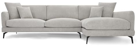 Furnhouse Maggie L-Form Ecksofa Rechts Grau – Hochwertiges Stoffsofa, Skandinavisches Design, Metallfüße, Federkernpolsterung, Modernes Wohnzimmersofa mit Ottomane