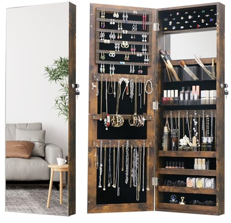 MASMIRE Armoire à bijoux pleine longueur avec miroir tactile intégré – Miroir mural de 110 cm de hauteur avec rangement pour bijoux – Marron rustique