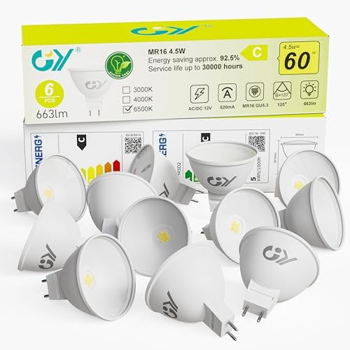 GY GU5.3 LED Kaltweiss Lampe, 12V MR16 LED 4,5W 663 Lumen 6500K Kaltweiß, 60W Halogenlampe ersetzt, AC/DC Flimmerfrei Led, Abstrahlwinkel 120° Leuchtmittel, Nicht Dimmbar Energiesparlampe, 12 stück