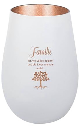 Der-Porzellan-Laden Windlicht mit Gravur Familie ist wo Leben beginnt | Weiß Bronze, Teelichthalter aus Glas mit Spruch, Tischdeko modern