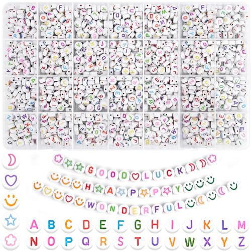 HOLDLEAF 2000 Stück Bunte Alphabet Perlen,Buchstabenperlen für Armbänder,7mm Rund Buchstaben Perlen zum Auffädeln A-Z Smiley Herz Perlen,Selber Machen Buchstaben Perlen für Armbänder, Halsketten