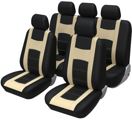 EvshBea 9 Stück Universal Autositzbezüge, Sitzbezüge Auto Für 5 Sitzer, Autositzauflage Set Seiten-Airbag-kompatibel, Waschbar, Leicht Anzubringen, Auto-Zubehör Innenraum (Beige)