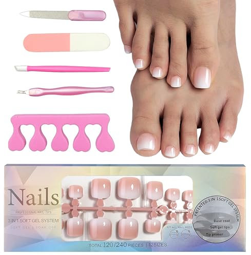 MrCuvaryas 120 Stück Falsche Fußnägel Kit, 12 Größen Künstlich Zehennägel zum Aufkleben, Full Cover Acryl Künstlich Fußnägel Tips für Damen Frauen Nagelkunst DIY (Nude-Verlauf, 120pcs)
