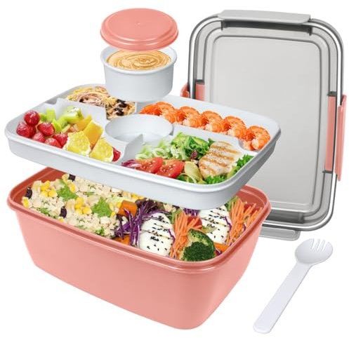 Salad Containers, 2000ml Large Salad Lunch Box for Adults, Leak Proof Salad Bowl Bento Boxes with 5-Compartment Tray, Lid, Dressing Pots, Cutlery for Work Picnic Packed Food Fruit Snack, Pink