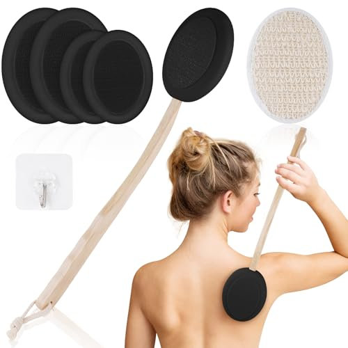 URAQT Brosse de Bain à Long Manche, 7PCS Applicateur Crème Dos, Brosse de Douche pour Dos de Douche à Bulles à Une Touche, Brosse dos Douche pour Exfoliante, Améliore la Circulation Sanguine(Noir)