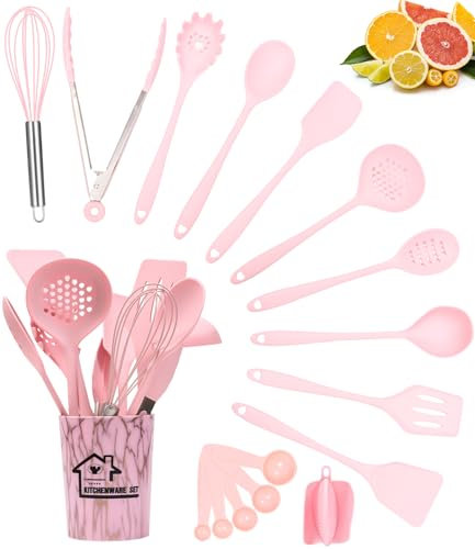 18 Piezas Utensilios Cocina de Silicona, Resistente al Calor Antiadherente, Juego de Utensilios de Cocina de Silicona,Apto para lavavajillas,Accesorios cocina,Juego de cubiertos con cubo(Rosa)