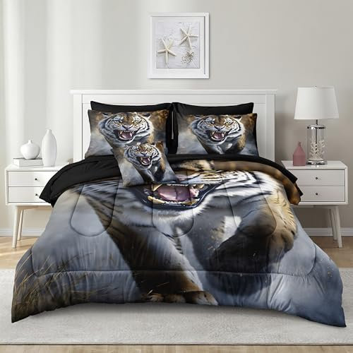 Herside Tier-Tiger-Bettwäsche-Set, Queen-Size-Größe, 8-teilig, Afrika, Safari-Tiere, bedruckt, für Kinderzimmer, brauner Tiger, Wildtiere, weich, flauschig, gemütliches Bett in einer Tasche, Set für