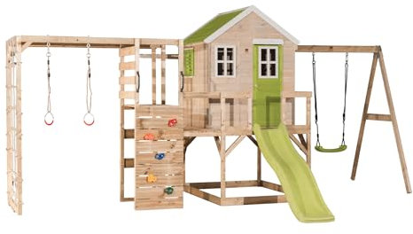 Wendi Toys M24L-G Kinderspielhaus Outdoor mit Rutsche, Schaukel & Kletterwand, 342 x 508 x 242 cm, Grün – Holz Stelzenhaus für Kinder, Outdoor-Klettergerüst, Stelzenhaus Kinder Outdoor