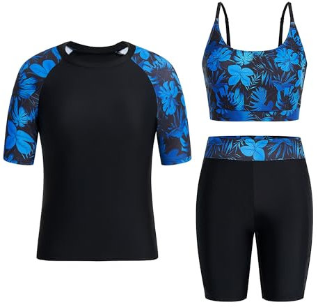 Owntop Womens 3-Piece Rash Guard | UPF50+ UV Swim Shirt | Short Sleeve Rashguard Shirts & Bikini Top & High Waist Boyshorts | Modest Swimwear Swimsuits | Swimming Surfing | Deep Blue XL