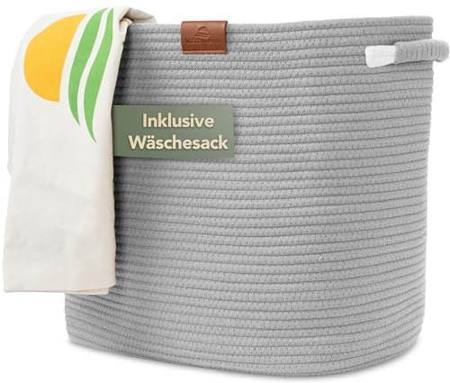 WIESEN.design Korb MATTEO 42x32xH38 cm Grau/48L, Wäschekorb geflochten aus Baumwolle, Wäschesammler, Aufbewahrungskorb groß, Korb geflochten, faltbarer Wäschekorb, Wäschetonne, laundry basket