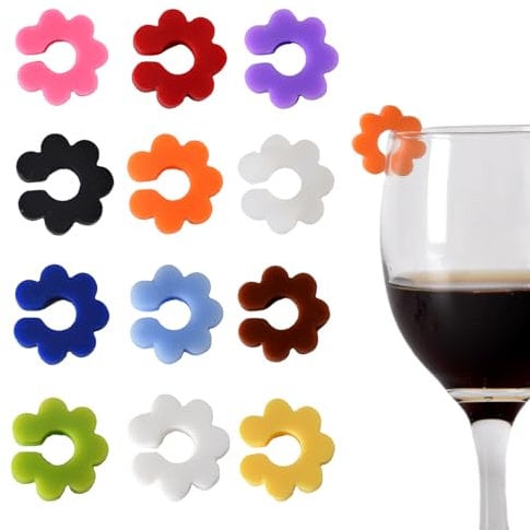 12 Pcs Wine Glass Charms, Silicone Wine Markers Colorful Drink Tags Identification Reusable Party Reception Glass Identifiers Decoration Wine Accessories for Party Champagne Flutes Cocktails Martinis