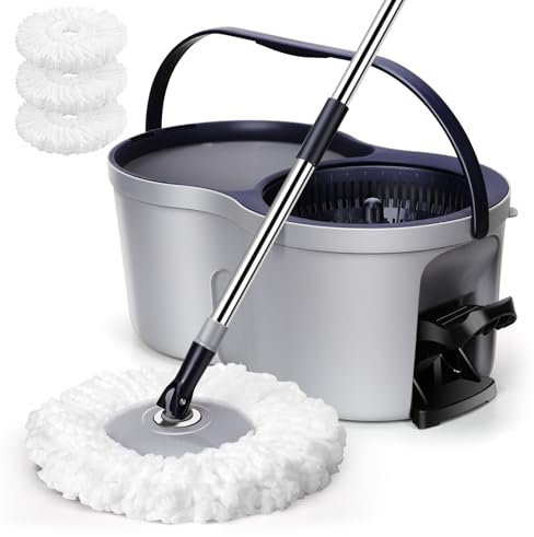 Eukue Seau Essoreur à Pédale et Balai à Franges, Serpillière Seau Essoreur 2en1, Balai Serpillère en Microfibre avec Manche Télescopique pour Nettoyage sols,Gris