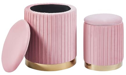 Set Di 2 Pouf Contenitore In Velluto Design Moderno Poggiapiedi,Sgabello Tondo con Coperchio Rimovibile e Seduta Imbottita Alta Densità Con Fascia In Metallo Capiente Storage Box - (Rosa Antico2)