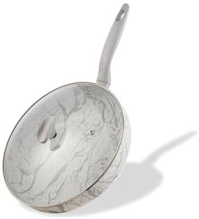 NUOVA HSSC, Wok en aluminium avec revêtement antiadhésif Marmoplus et couvercle en verre trempé, blanc lait, convient pour induction, sûr et certifié, diamètre 30