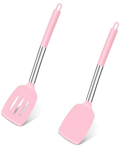 TEAMFAR Pfannenwender, 2 Stück Silikon Küchenhelfer Spachtel mit Edelstahlgriff, Hitzebeständiger Antihaft Rosa Küchenutensilien, Spülmaschinenfest