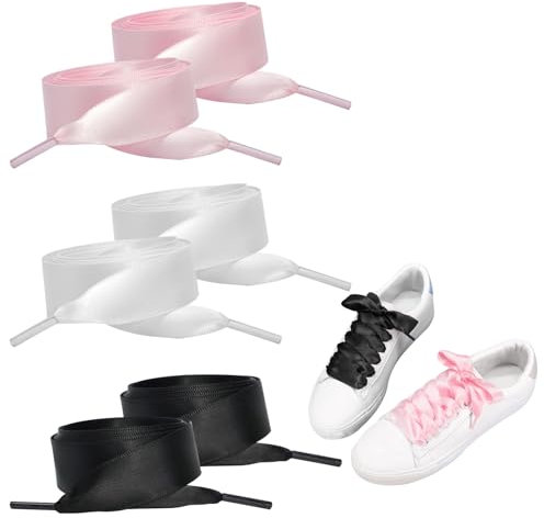 EQLEF Lacets Ruban 3 Paires, Premium Robe Douce Lacets Dentelle 120cm Ruban de Satin Pour 5-6 Yeux, Lacets en Satin Lisse Et Élégant Pour Toile, Chaussures Plates et Baskets